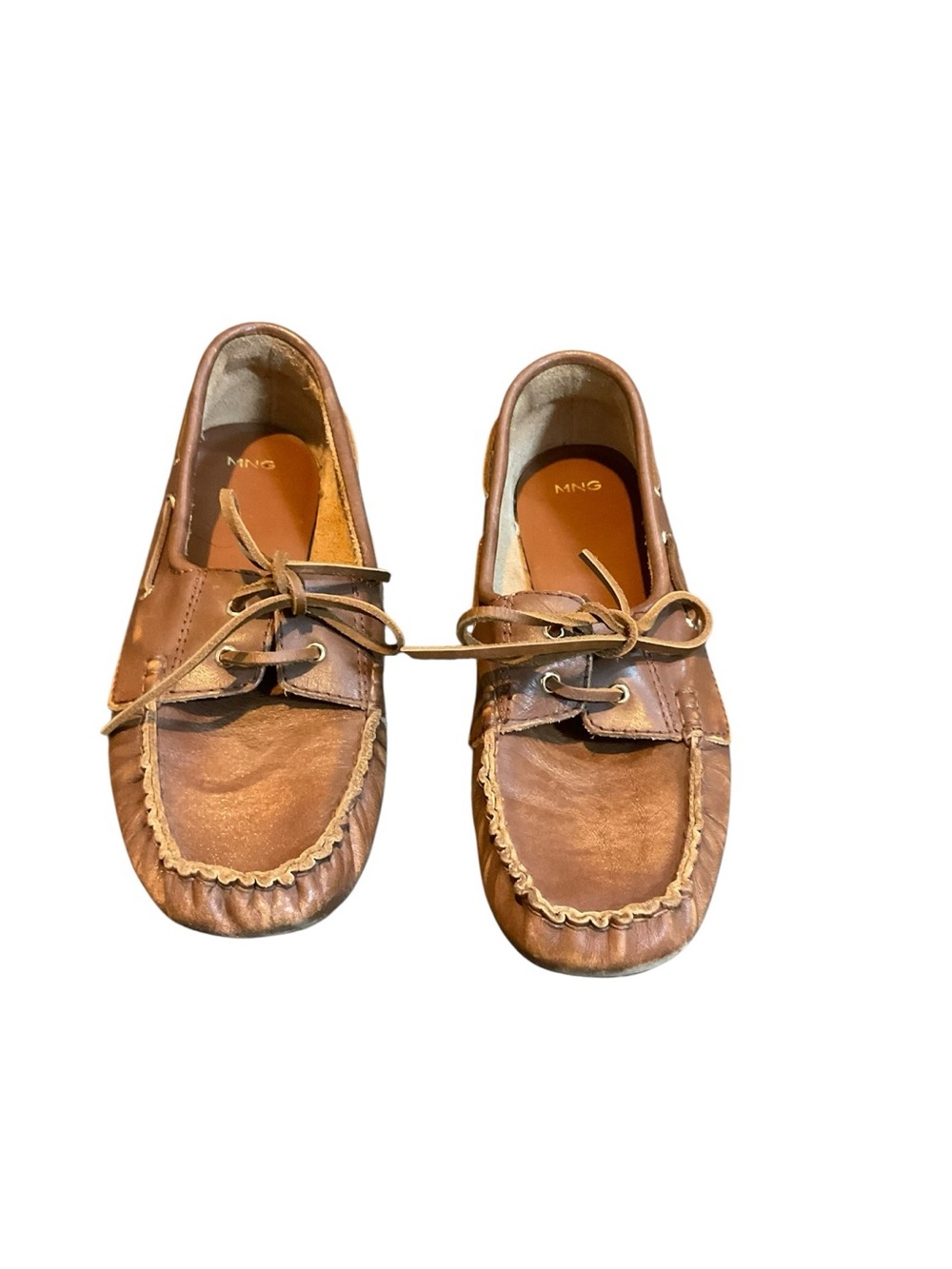Mango Women’s Brown Leather Moccasin Loafers with Lace Detail